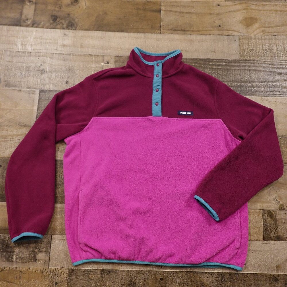 Lands’ End Snap-T Fleece Pullover Colorblock Women’s Large Pink Burgundy